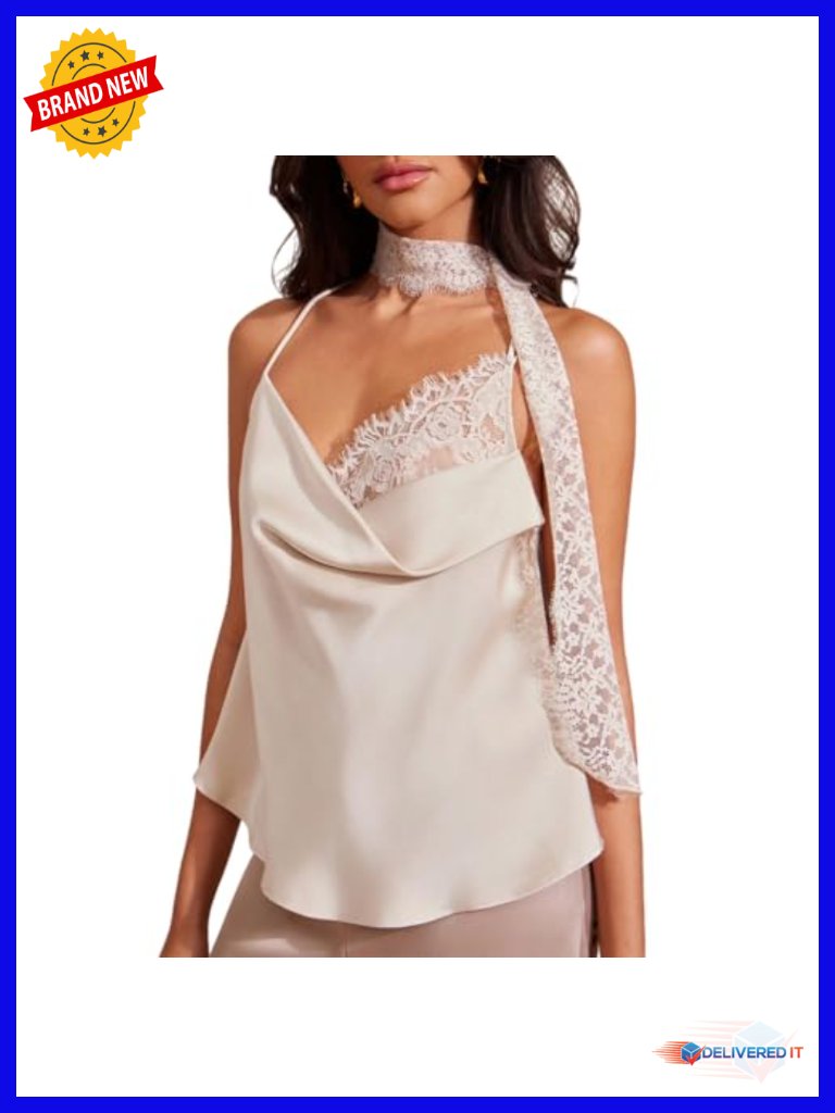 Satin Cowl Neck Scarf Cami Top Open Back Lace Trim Tank Top
